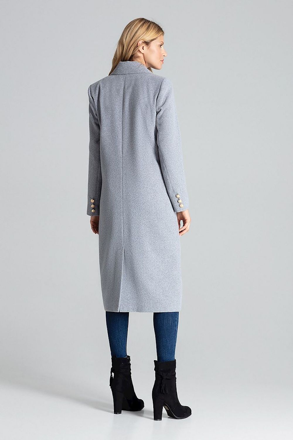 Stylish Figl grey coat showcasing gold decorative buttons and classic collar, a timeless addition to a luxury wardrobe.
