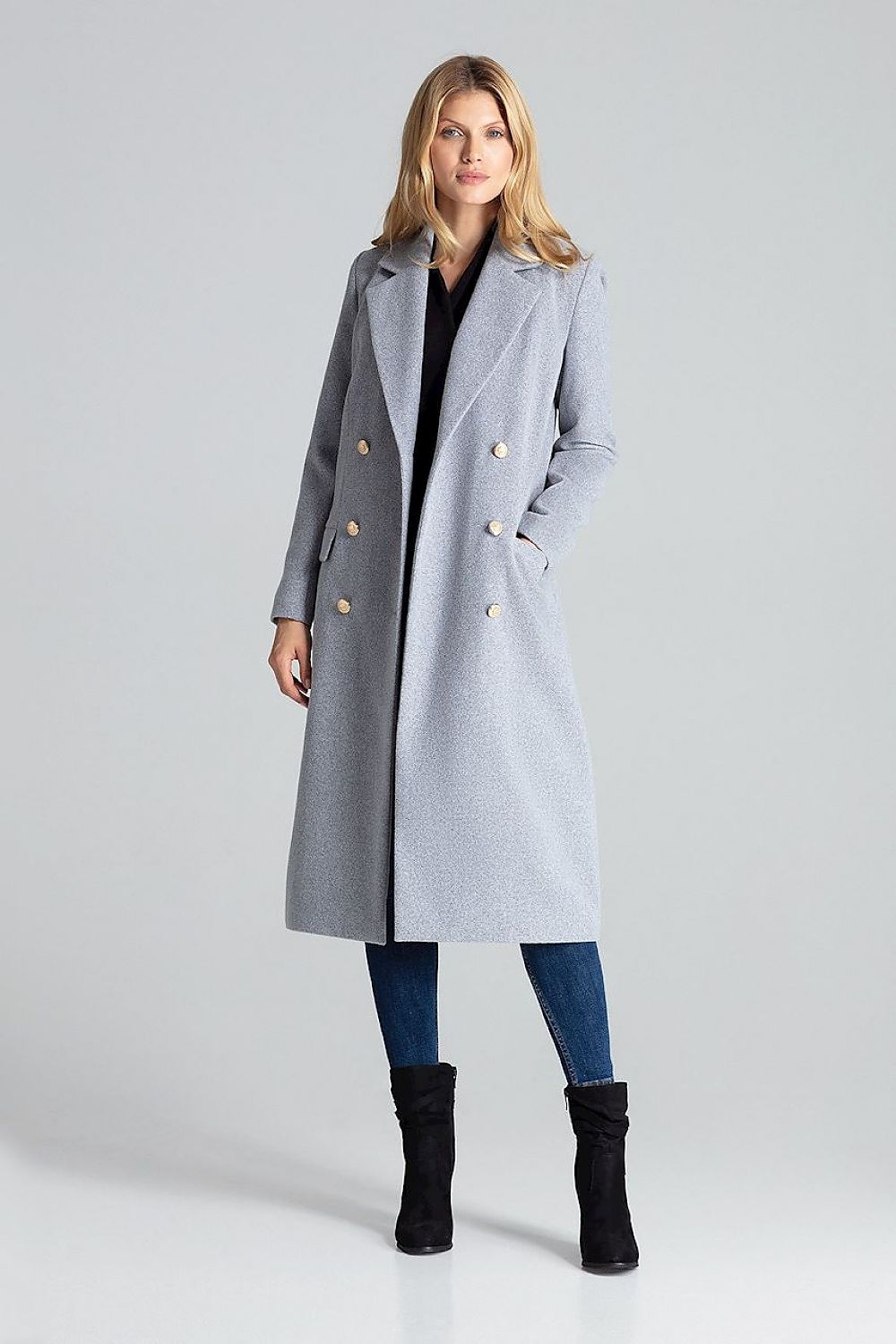 Luxurious grey double-breasted Figl coat with gold decorative buttons, designed for elegance and style.