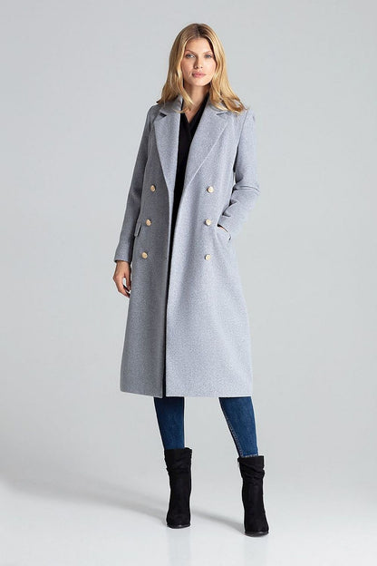 Luxurious grey double-breasted Figl coat with gold decorative buttons, designed for elegance and style.