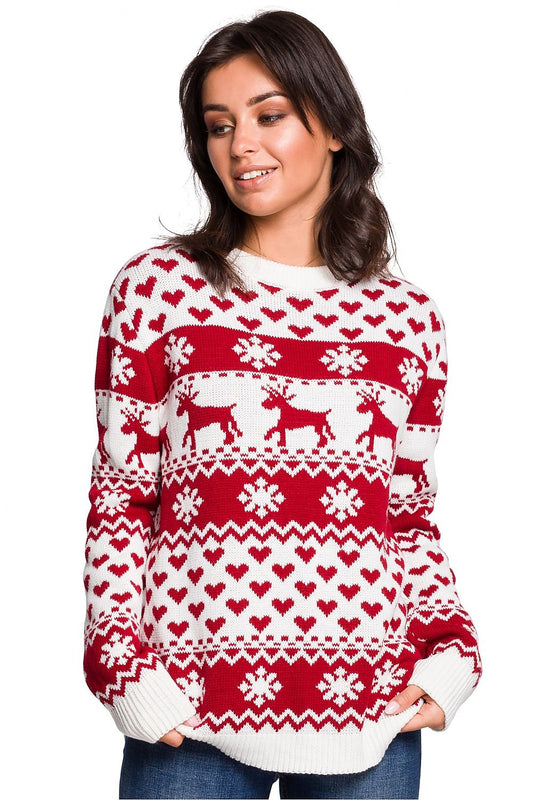 Luxurious BE Knit Christmas Reindeer Sweater featuring an over-the-head design, perfect for winter comfort during festive celebrations.