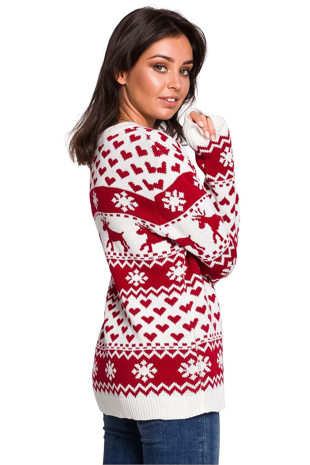 Luxurious BE Knit Christmas Reindeer Sweater showcasing an elegant over-the-head design perfect for winter comfort.