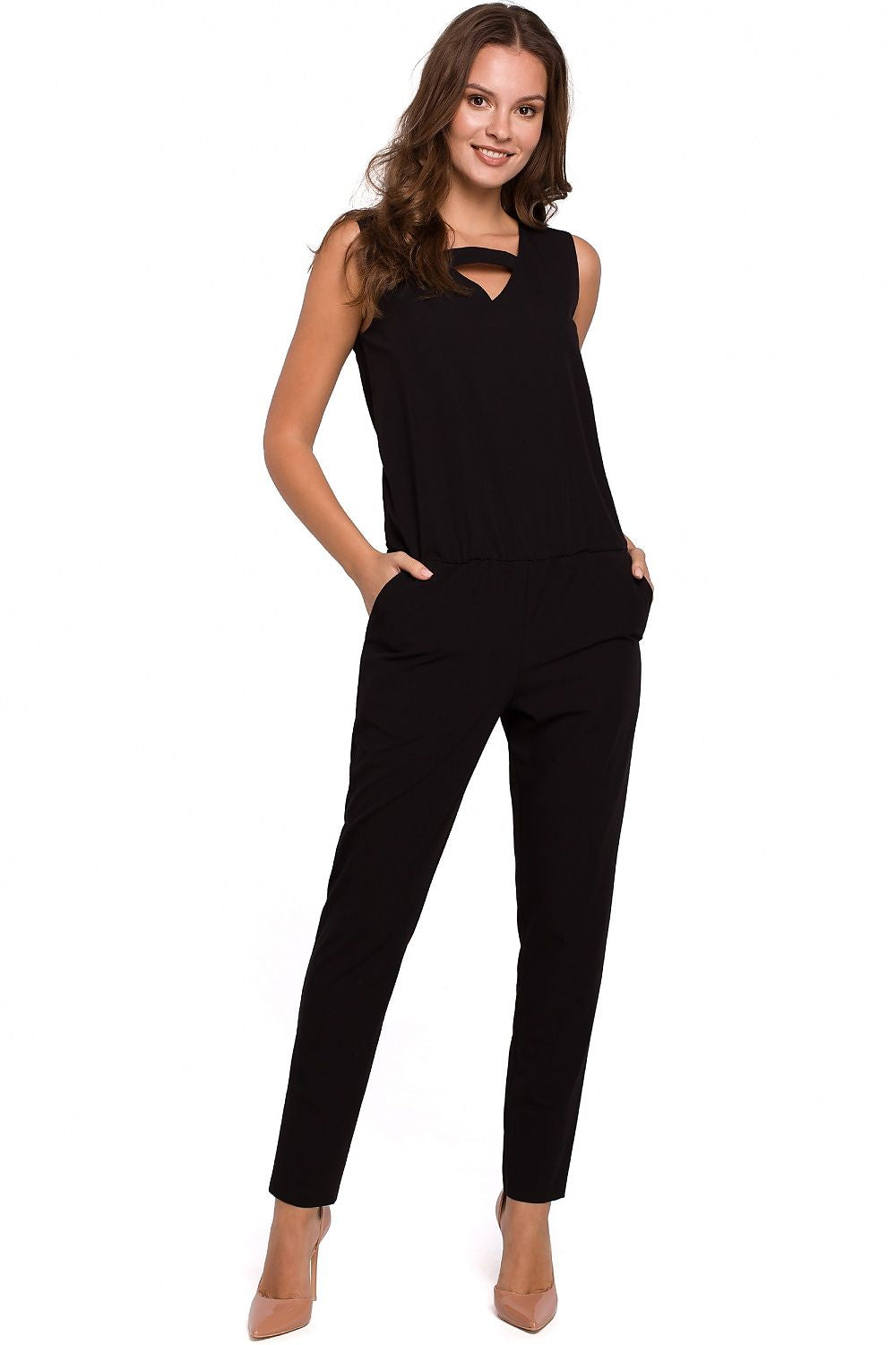 Luxurious elegant comfortable overalls with loose top and narrow legs, showcasing a unique neckline by Makover.