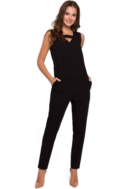 Luxurious elegant comfortable overalls with loose top and narrow legs, showcasing a unique neckline by Makover.