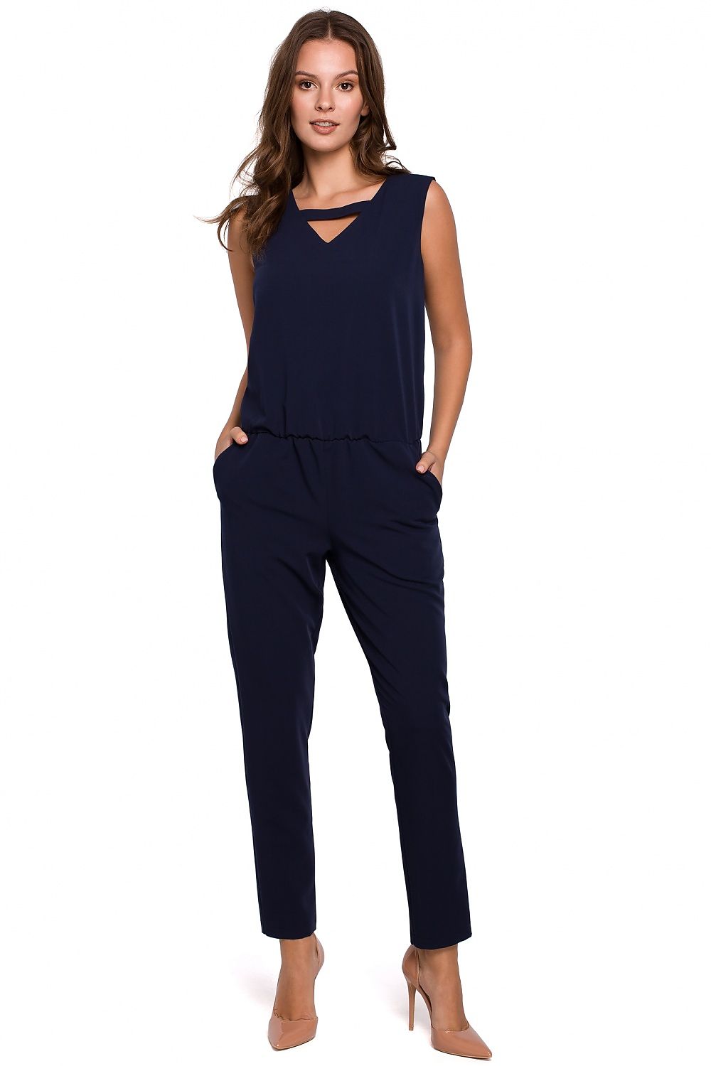 Back view of Elegant Comfortable Overalls by Makover displaying the sophisticated design and unique neckline, crafted for elegance and comfort.