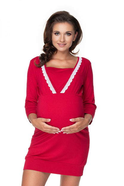 Luxury Maternity Nightgown by PeeKaBoo featuring decorative guipure and elegant 3/4 sleeves, perfect for stylish comfort before and after pregnancy.