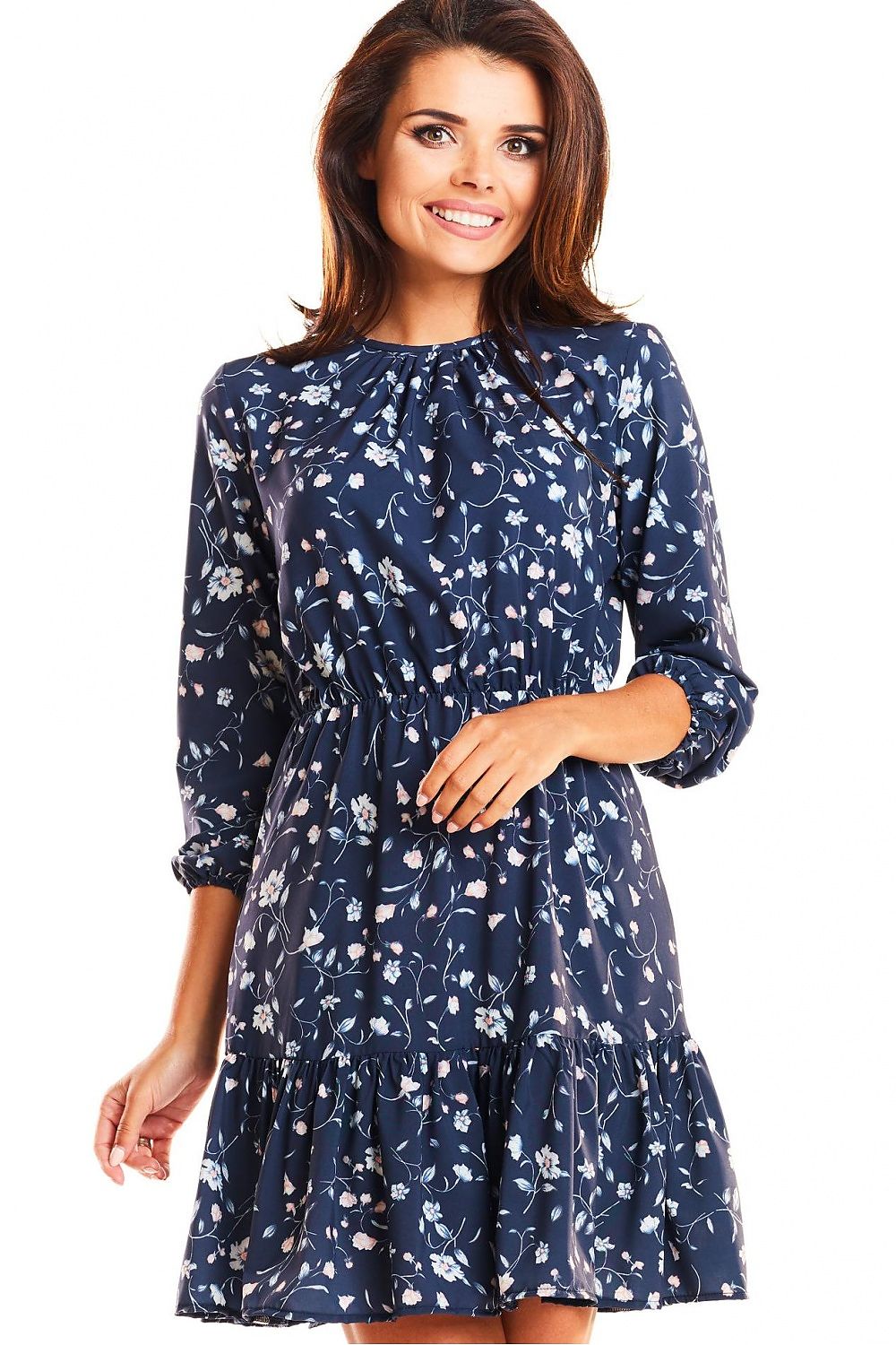 Elegant Infinite You Daydress with Elastic Waistband - a woman wearing a navy floral dress, showcasing a sophisticated design and comfortable fit, perfect for any occasion.