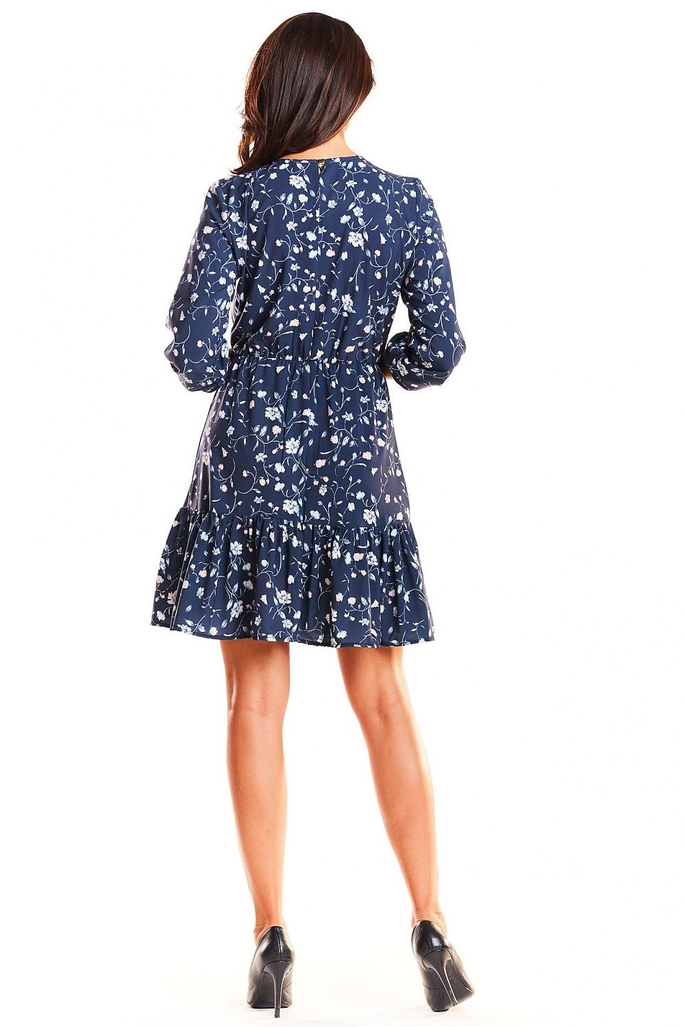 Elegant Infinite You Daydress with Elastic Waistband - back view of a woman in a stunning navy floral dress, emphasizing the elegant design and comfortable elastic waistband.