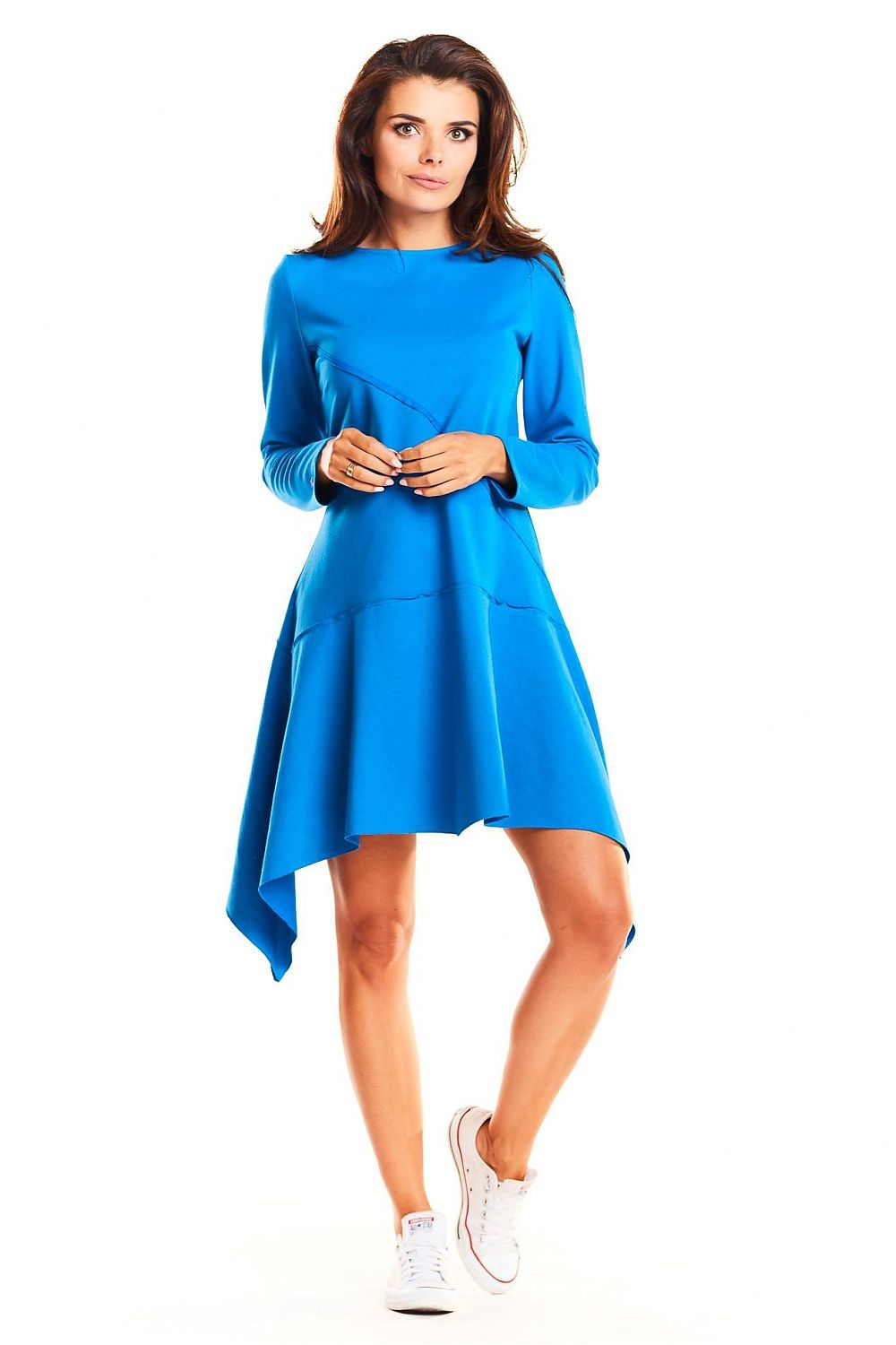 Asymmetric Casual Daydress by Infinite You in vibrant blue, featuring long sleeves and an elegant asymmetric hem, styled with white sneakers.