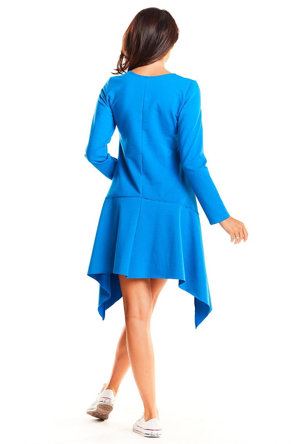 Back view of the Asymmetric Casual Daydress by Infinite You in striking blue, highlighting the sophisticated asymmetric features and craftsmanship.