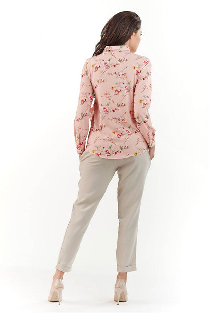 Elegant Long Sleeve Shirt with Collar by Infinite You features a model viewed from the back, highlighting the floral pink design and chic fit, perfect for refined occasions.