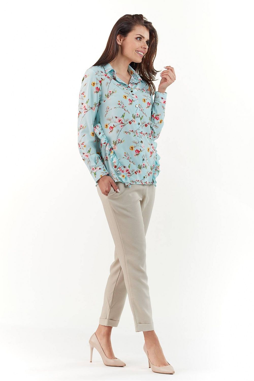 Elegant Long Sleeve Shirt with Collar by Infinite You shows a stylish model in a blue floral blouse and beige trousers, capturing the essence of sophistication for any setting.