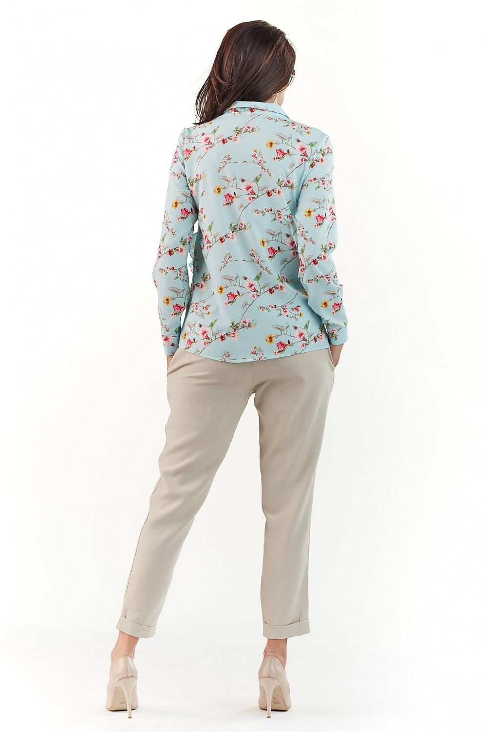Elegant Long Sleeve Shirt with Collar by Infinite You - view from the back, showcasing floral design and light blue fabric, epitomising sophistication and luxury attire crafted in Poland.
