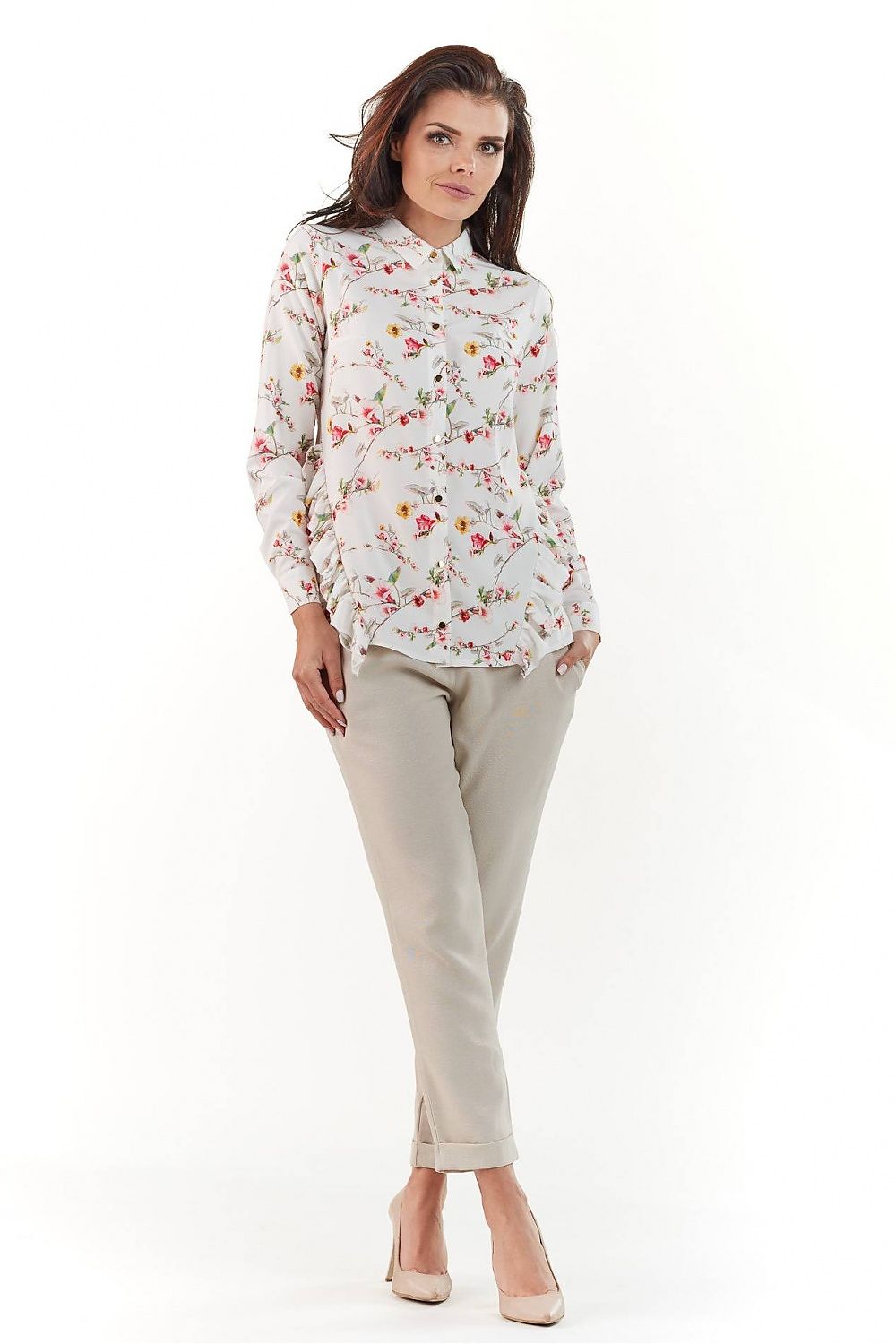 Sophisticated front view of the Elegant Long Sleeve Shirt with Collar by Infinite You, featuring a floral pattern and paired with chic beige trousers, perfect for modern elegance.