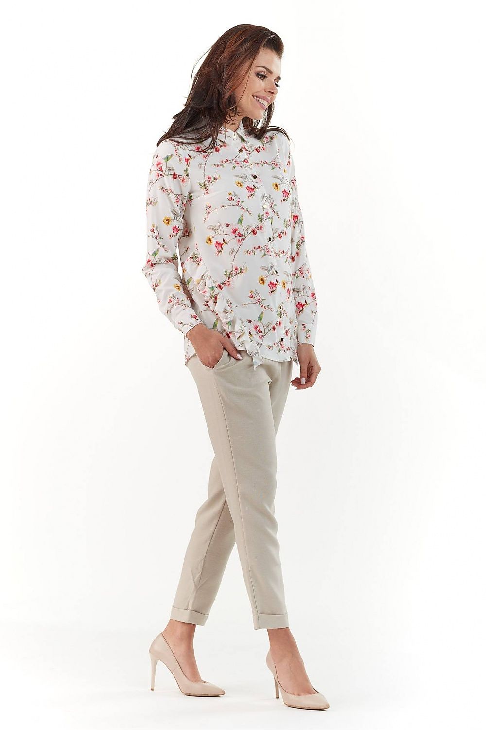 Side view of the Elegant Long Sleeve Shirt with Collar by Infinite You, displaying its refined floral print and stylish pairing with tailored trousers for a luxurious look.