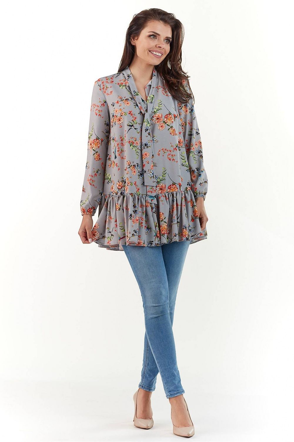 Elegant Long Sleeve Blouse by Infinite You, featuring a chic floral design in soft grey, elegantly styled with a tiered ruffle hem. Perfect for adding luxury to any outfit.