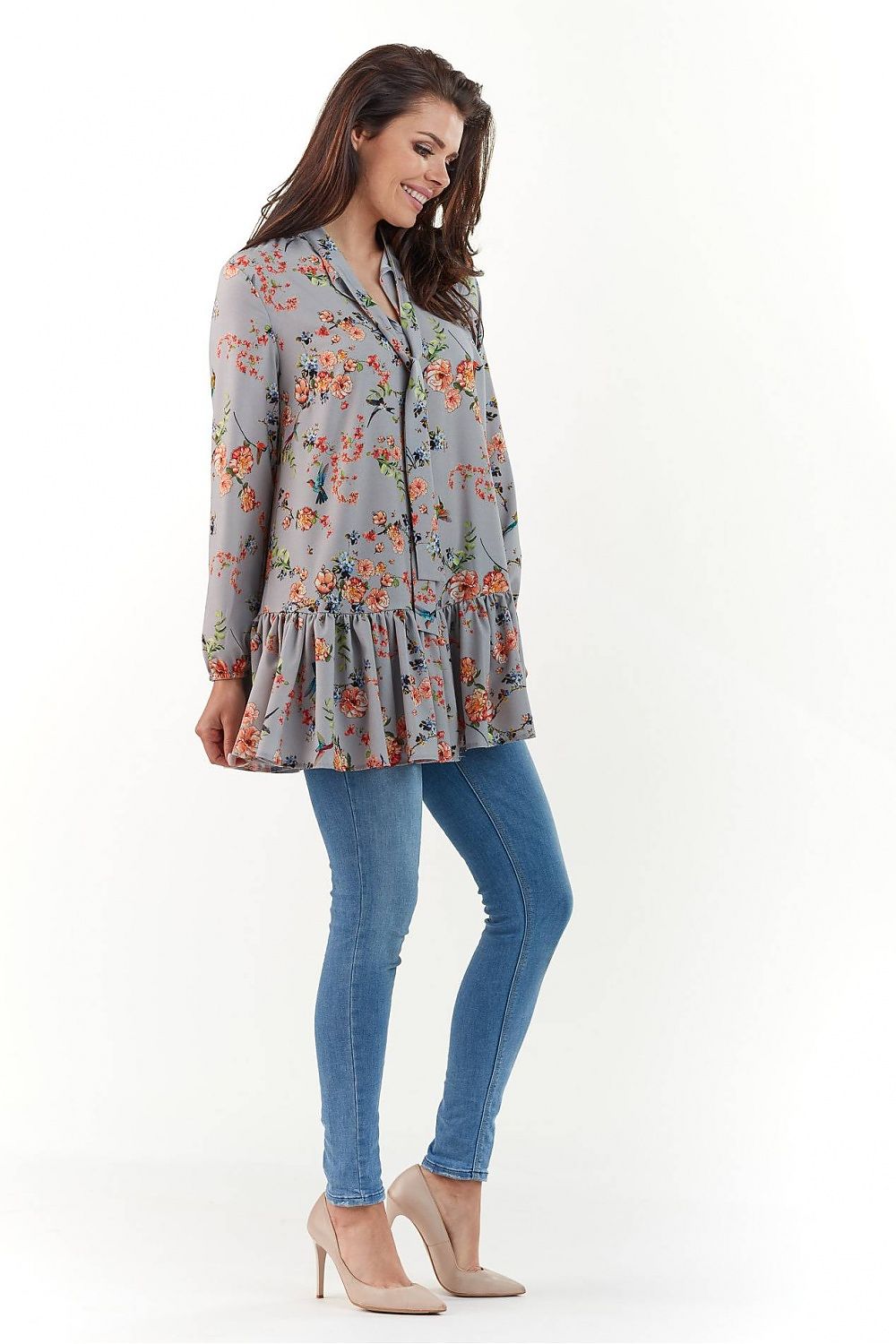 Sophisticated side view of the Elegant Long Sleeve Blouse by Infinite You, showcasing a beautifully crafted floral pattern and flattering silhouette, ideal for stylish occasions.