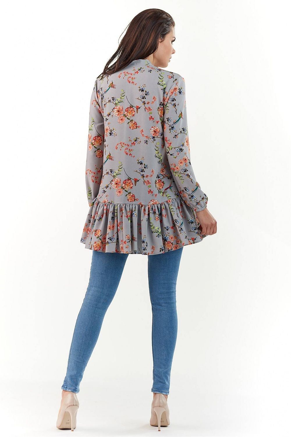 Back view of the Elegant Long Sleeve Blouse by Infinite You, highlighting the exquisite floral print and tiered ruffle hem, perfect for an elegant and polished look.