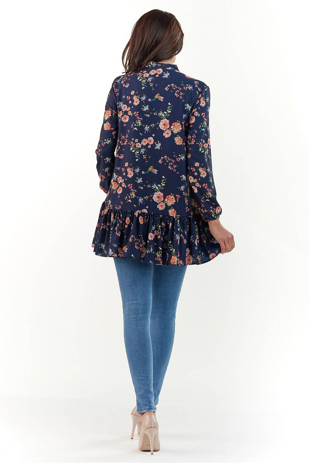 Elegant Long Sleeve Blouse by Infinite You shown from the back, highlighting the stylish ruffled detail and rich floral print, ideal for modern elegance.