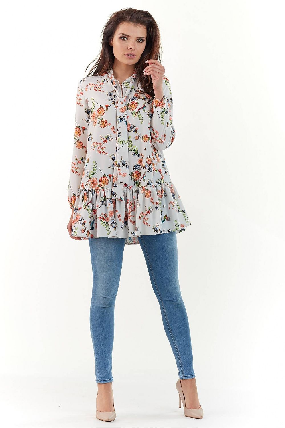 Front view of the Elegant Long Sleeve Blouse by Infinite You in light colour with floral accents, exuding sophistication and luxury.