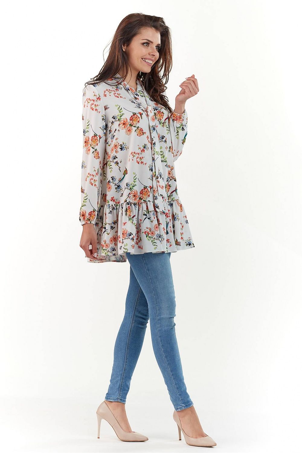 Side view of the Elegant Long Sleeve Blouse by Infinite You, featuring a chic design with elegant floral motifs and a graceful silhouette.