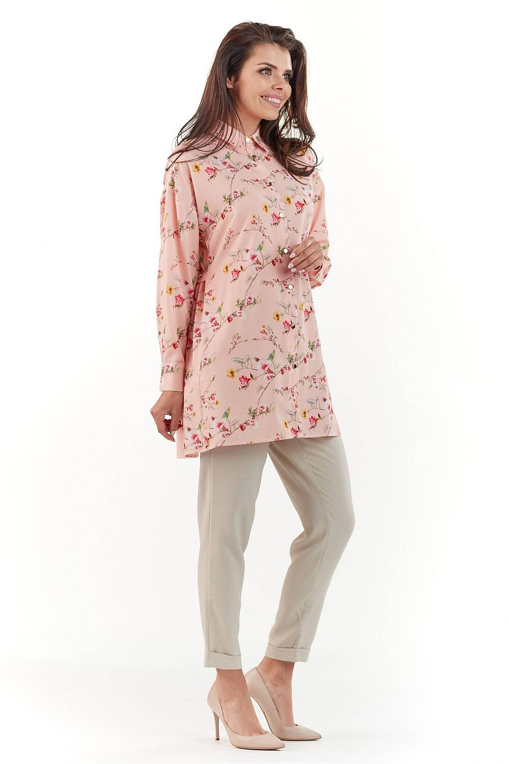 Elegant Long Sleeve Shirt with Charming Crease showcased on a model, beautifully patterned with floral designs, perfect for stylish and sophisticated outfits.
