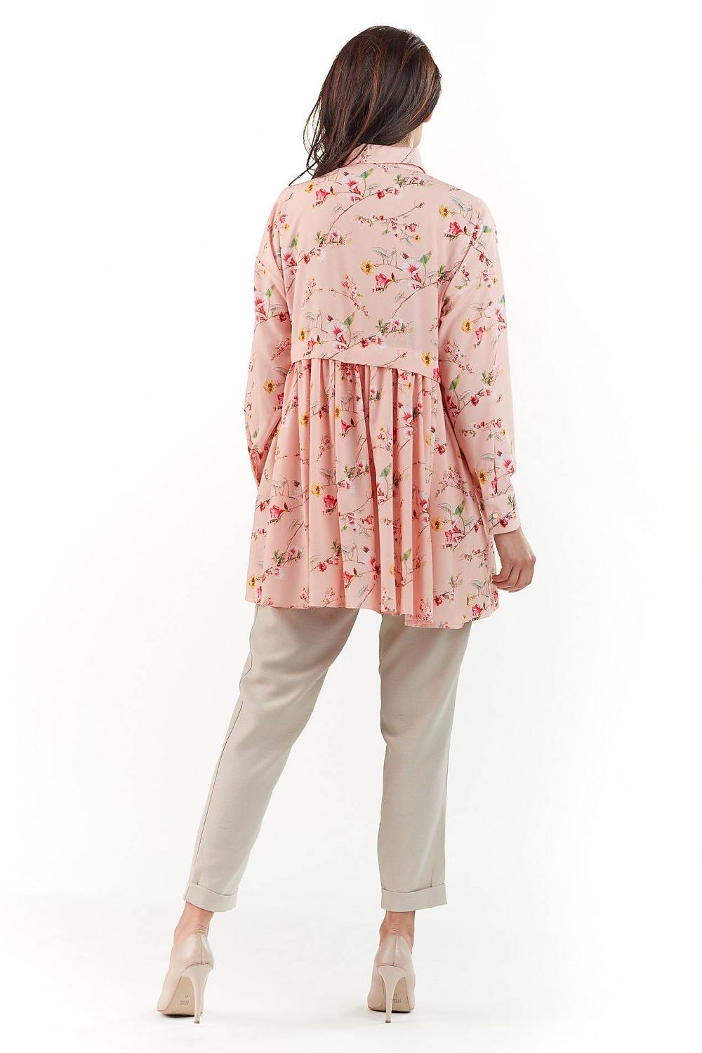 Back view of the Elegant Long Sleeve Shirt with Charming Crease, highlighting its unique design and beautiful floral patterns, ideal for upscale occasions.