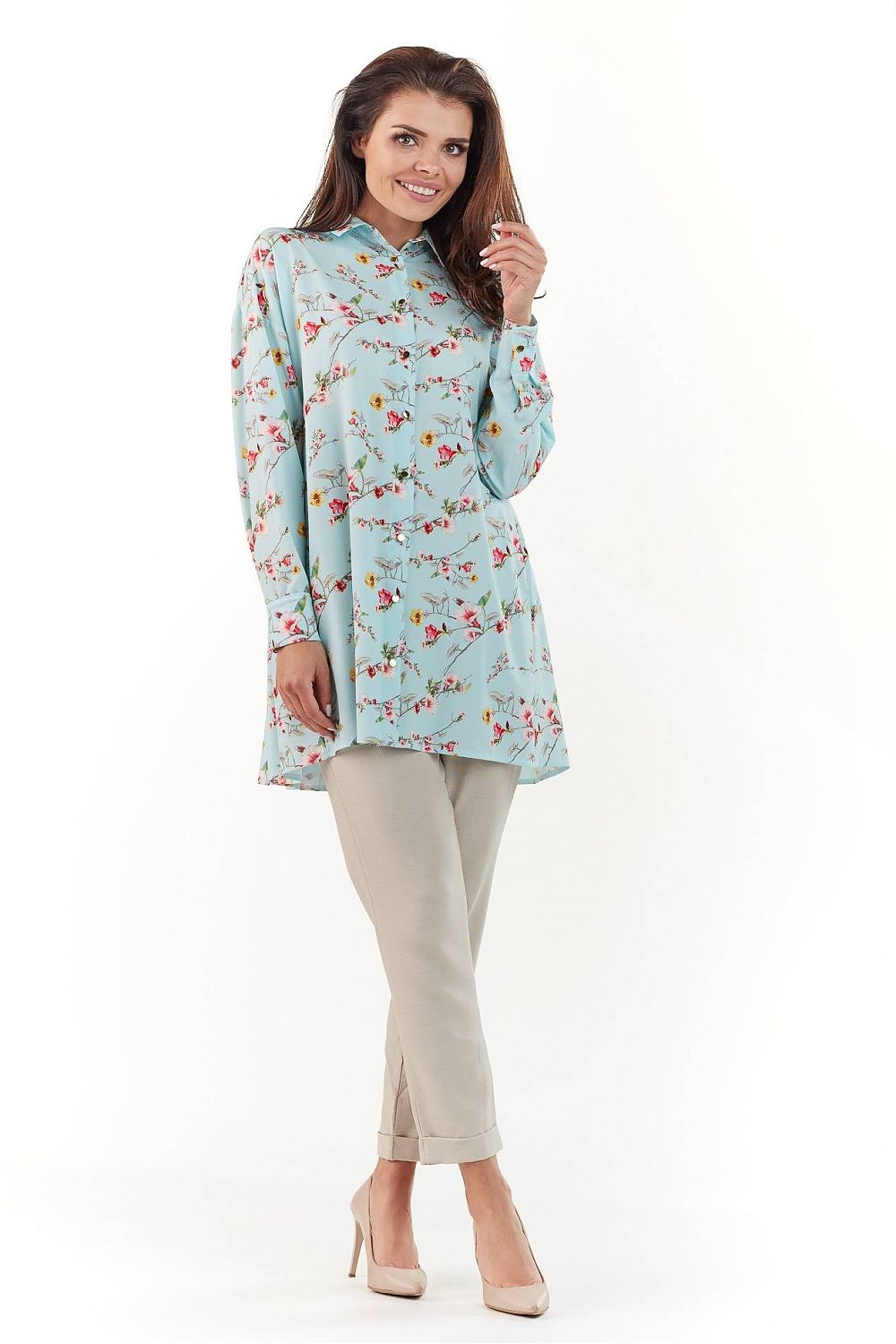 Model wearing the Elegant Long Sleeve Shirt with Charming Crease in a stunning blue variant, featuring beautiful patterns, great for an elegant wardrobe.