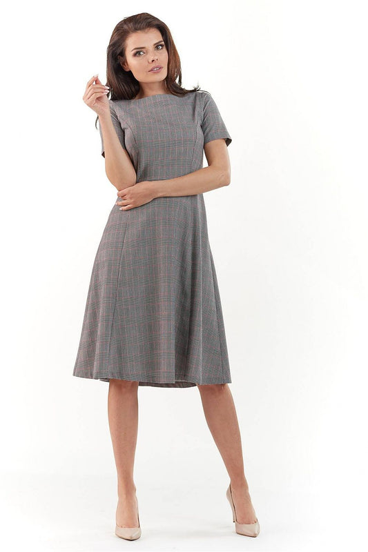 Elegant Midi Dress with Flared Cut and Short Sleeves by Infinite You, featuring a sophisticated plaid pattern and short sleeves, ideal for various occasions.