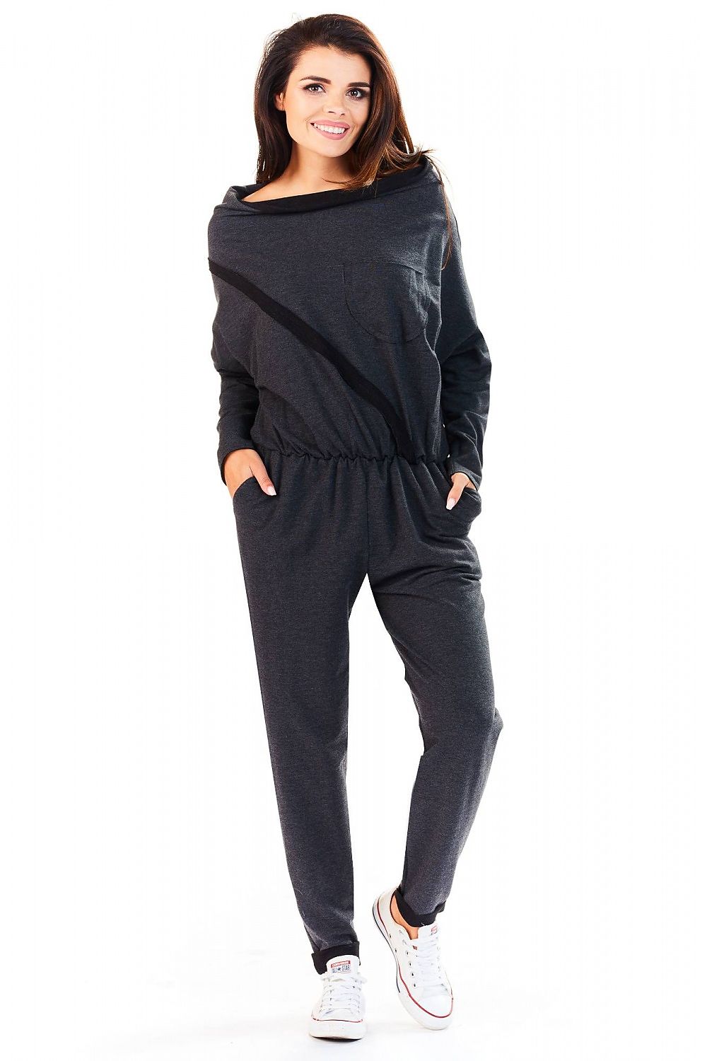 Elegant Loose-Fitting Tracksuit With Boat Neckline by Infinite You, featuring a stylish design, made from soft cotton-spandex blend, showcased on a model in a dark grey colour.