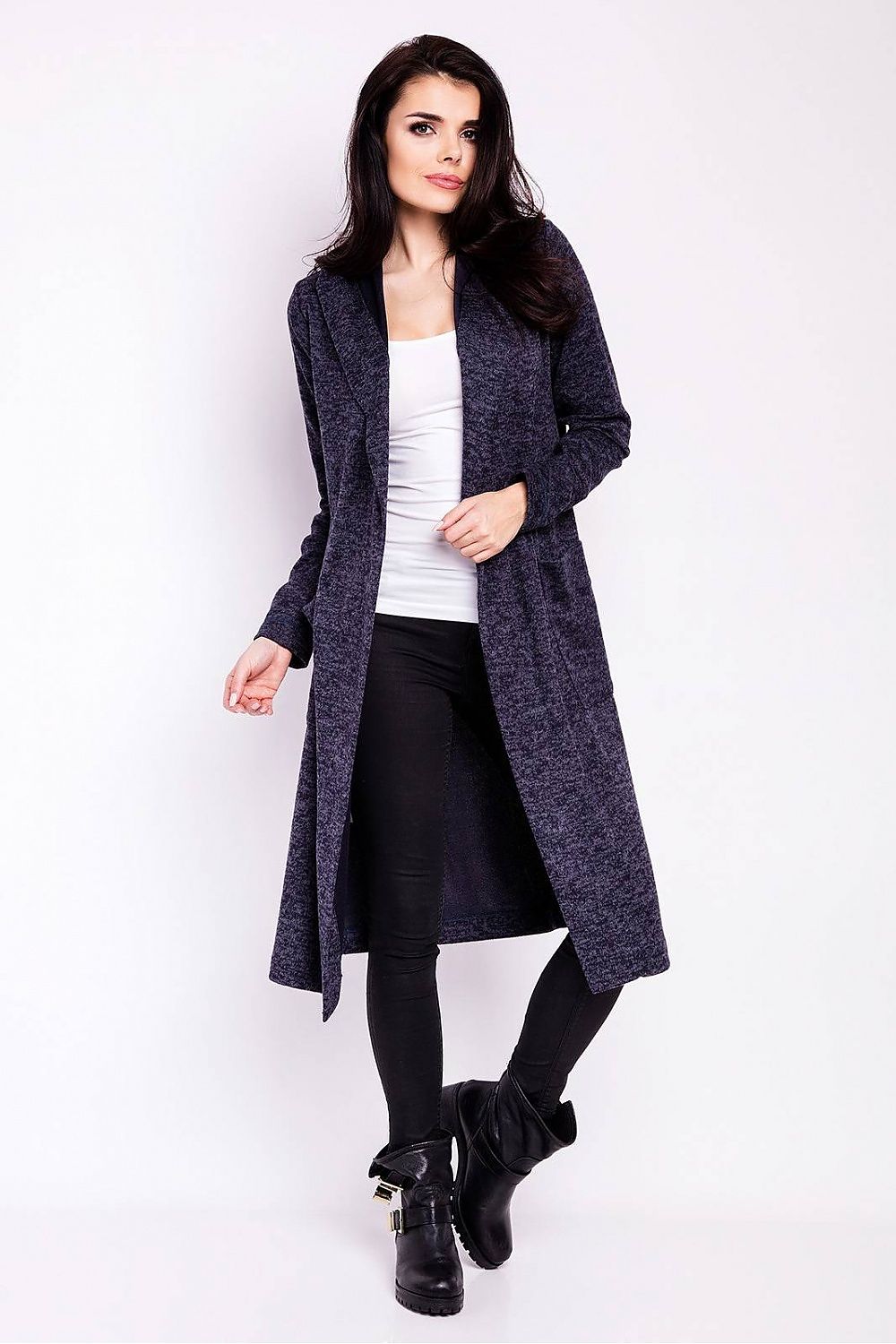 Luxury Long Loose-Fitting Cardigan With Hood and Pockets from Infinite You, styled elegantly on a model wearing a white top and black leggings, showcasing its stylish design.