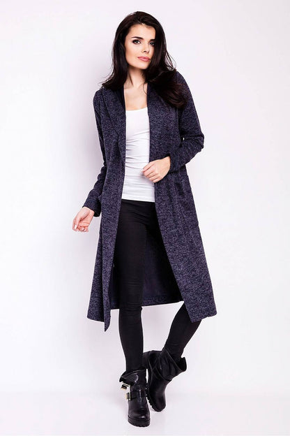 Luxury Long Loose-Fitting Cardigan With Hood and Pockets from Infinite You, styled elegantly on a model wearing a white top and black leggings, showcasing its stylish design.