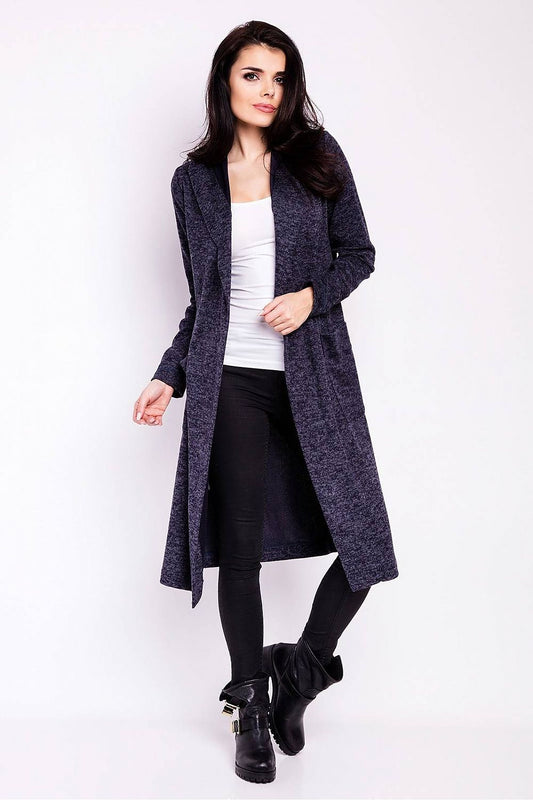 Luxury Long Loose-Fitting Cardigan With Hood and Pockets from Infinite You, styled elegantly on a model wearing a white top and black leggings, showcasing its stylish design.
