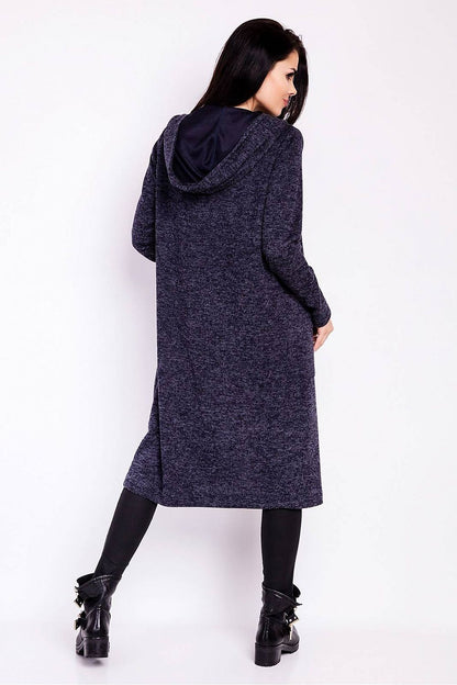 Luxury Long Loose-Fitting Cardigan With Hood, Pockets by Infinite You, showcasing the elegant back design with a hood, paired with stylish black leggings and boots.