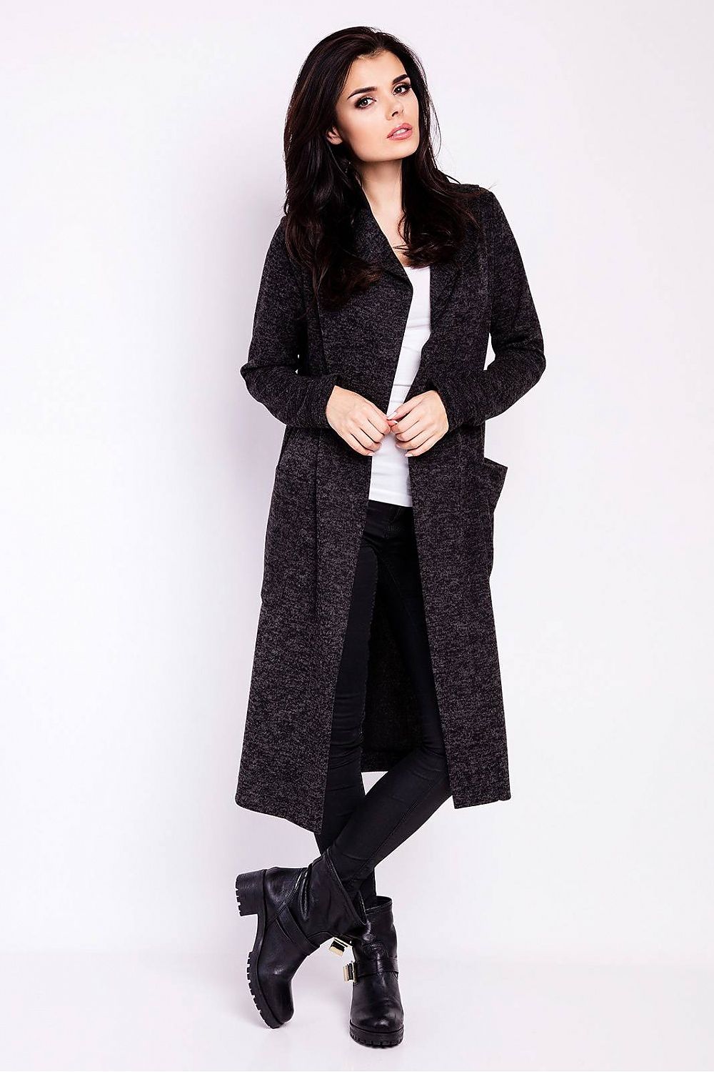 Luxury Long Loose-Fitting Cardigan With Hood, Pockets by Infinite You, featuring a sophisticated front view that highlights its chic, tailored fit and pockets.