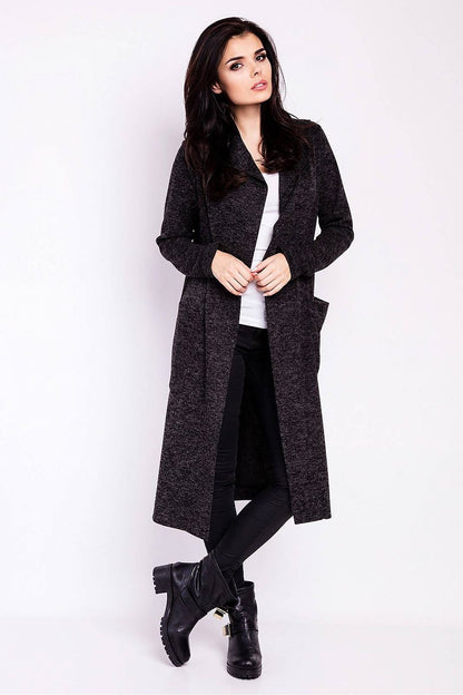 Luxury Long Loose-Fitting Cardigan With Hood, Pockets by Infinite You, featuring a sophisticated front view that highlights its chic, tailored fit and pockets.