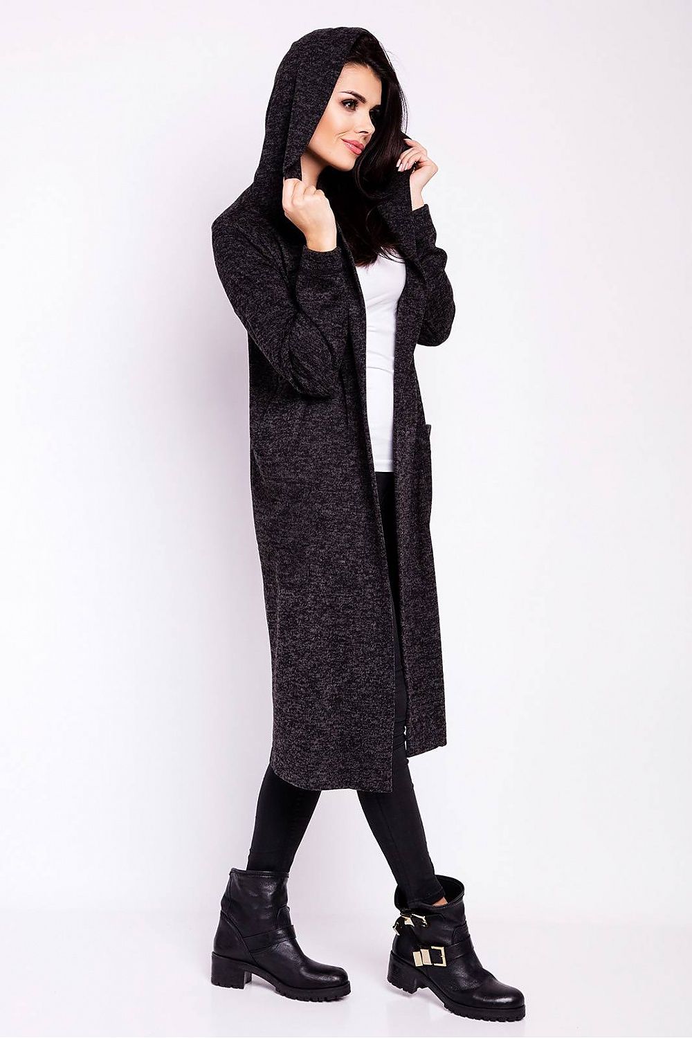 Luxury Long Loose-Fitting Cardigan With Hood, Pockets by Infinite You, elegantly styled with the hood up, showcasing its versatile design suitable for various occasions.