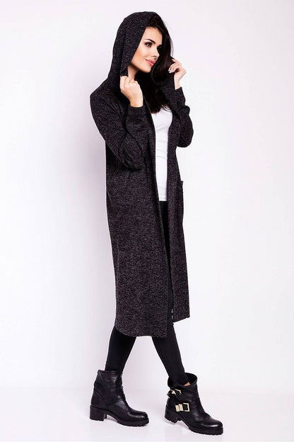 Luxury Long Loose-Fitting Cardigan With Hood, Pockets by Infinite You, elegantly styled with the hood up, showcasing its versatile design suitable for various occasions.