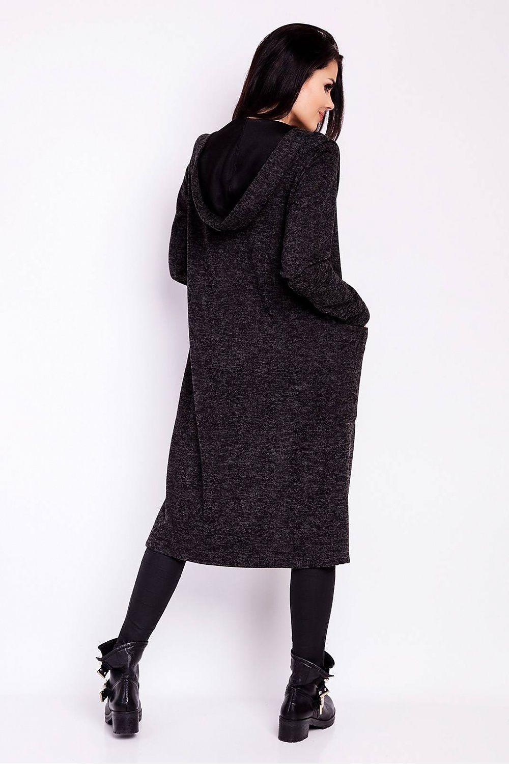 Luxury Long Loose-Fitting Cardigan With Hood, Pockets by Infinite You, displaying a refined look from behind with a stylish hood and relaxed fit.