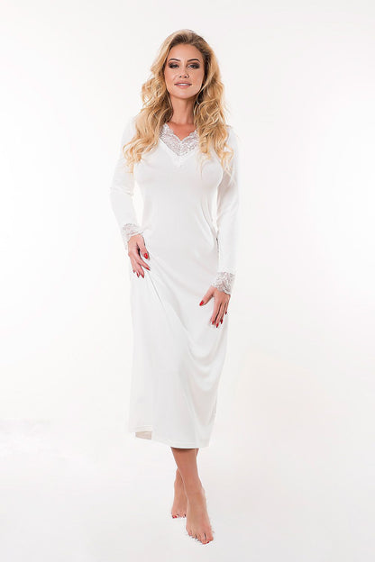 Kalimo Ceylon Long Slip Dress in elegant white, featuring luxurious viscose with intricate lace detailing on the sleeves and neckline, perfect for comfort and style.