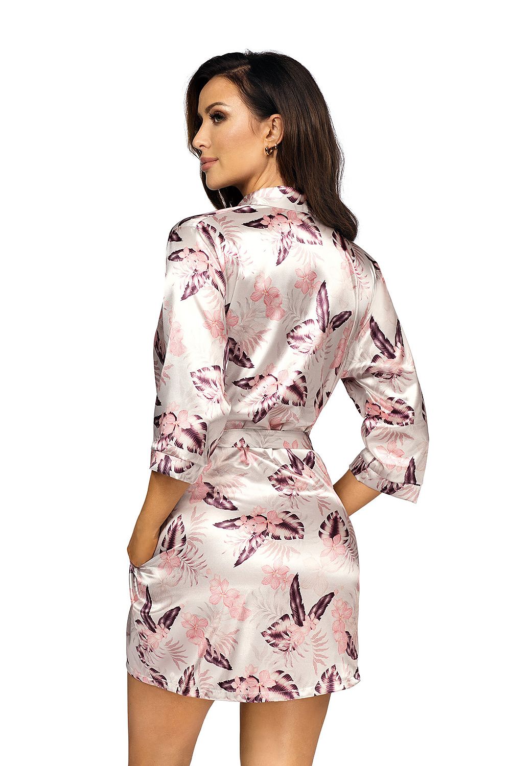 Chic back view of a luxury satin ladies' bathrobe by Donna, showcasing the tropical palm leaves and exotic flowers print in pearl, with a flattering shape and stylish waist tie.