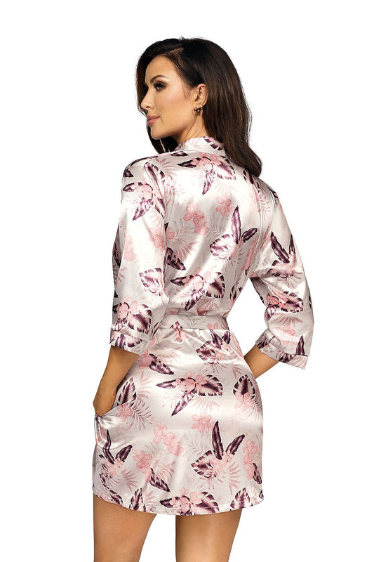 Chic back view of a luxury satin ladies' bathrobe by Donna, showcasing the tropical palm leaves and exotic flowers print in pearl, with a flattering shape and stylish waist tie.