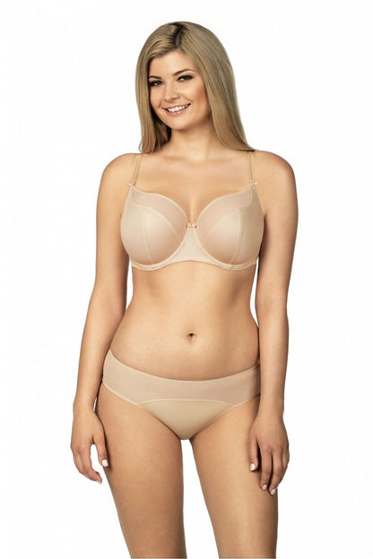 Luxury high rise beige cotton-spandex panties by Lupo Line, featuring a stylish and flattering fit, modelled by a smiling woman in elegant lingerie.