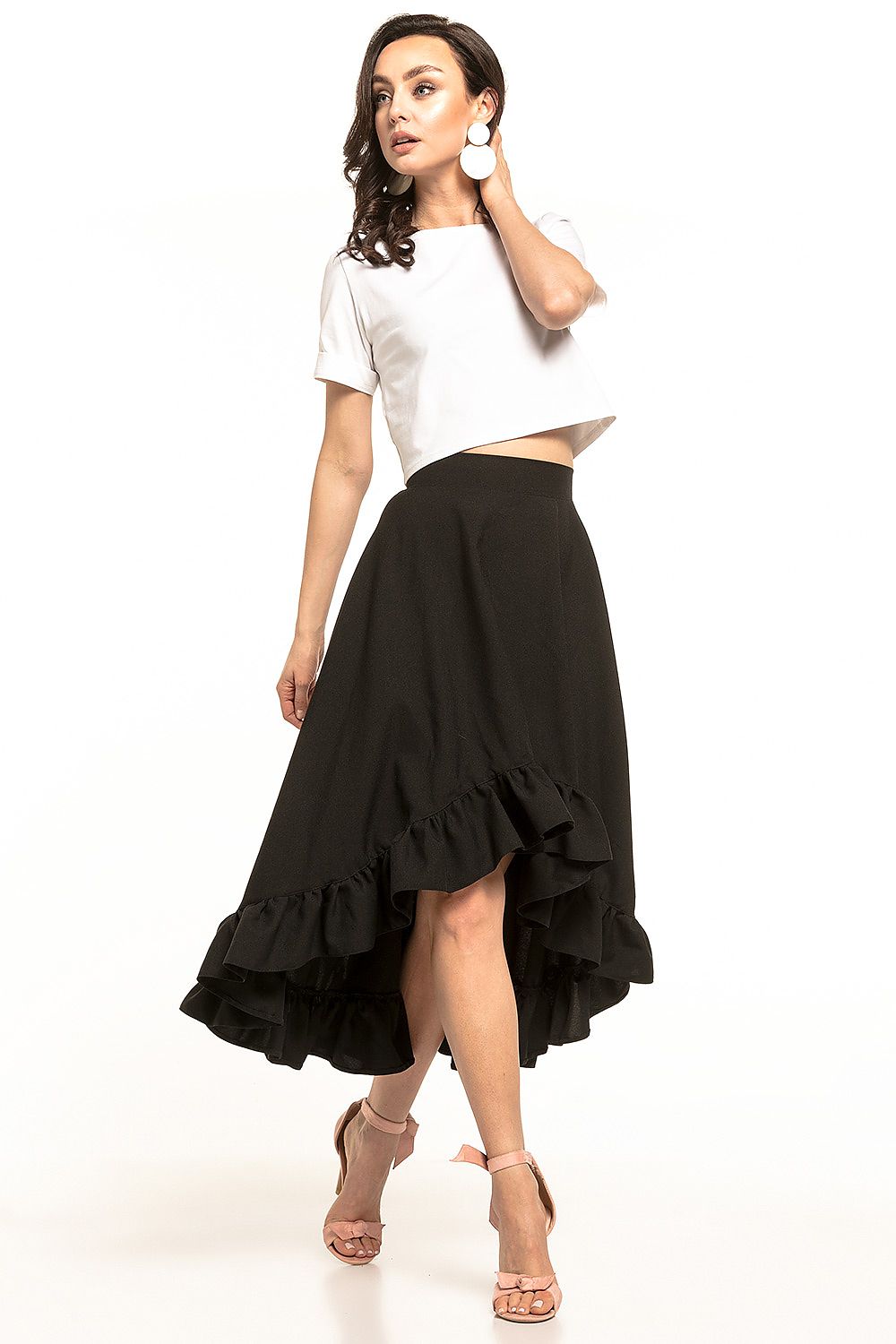 Tessita elegant asymmetrical midi skirt with frill detail, showcasing a stylish model wearing a cropped white top and feminine black frilled skirt, perfect for sophisticated women.