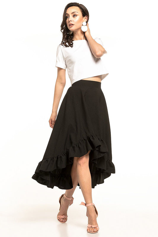Tessita elegant asymmetrical midi skirt with frill detail, showcasing a stylish model wearing a cropped white top and feminine black frilled skirt, perfect for sophisticated women.