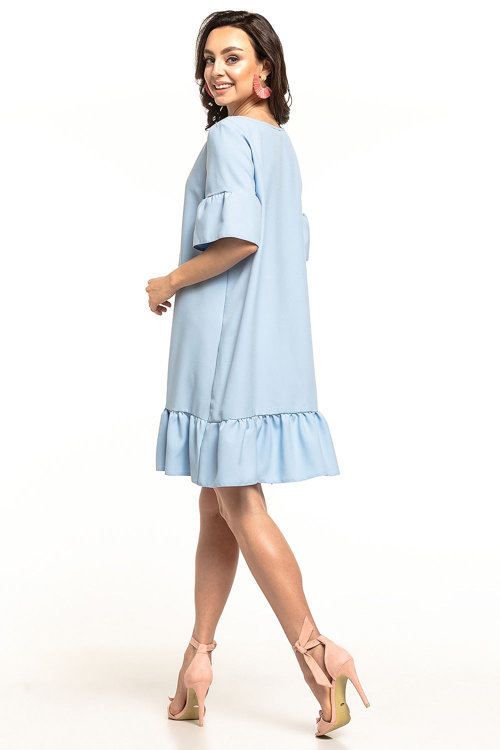 Elegant blue summer mini dress with bow neckline, frill hem, and short sleeves, perfect for casual outings by Tessita.