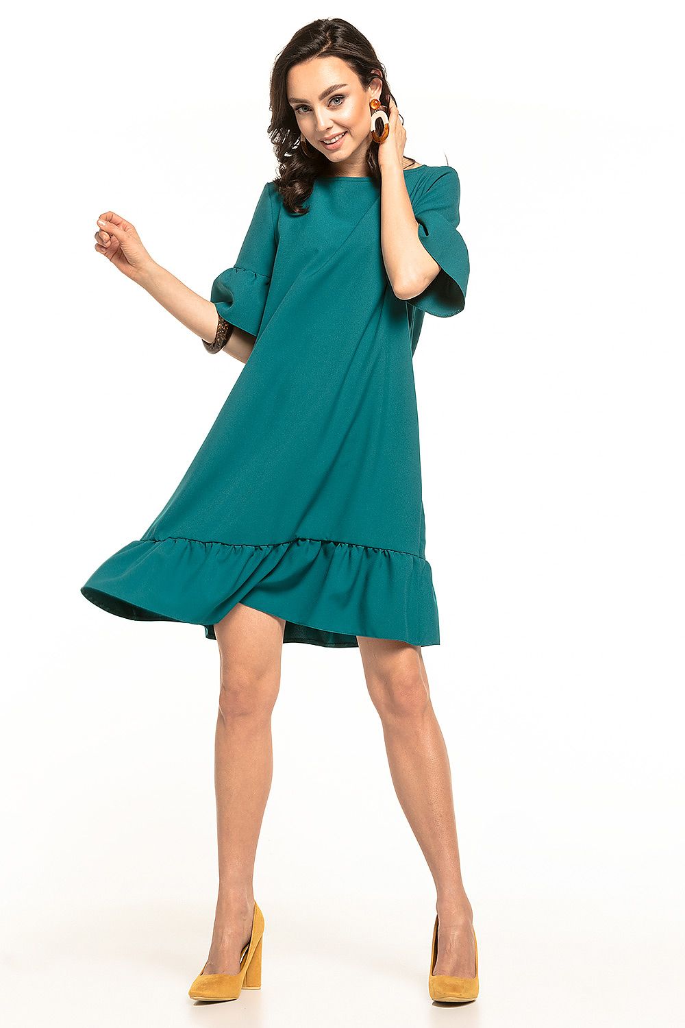 Chic green summer mini dress featuring a frill hem and short sleeves, ideal for sunny days, designed by Tessita.