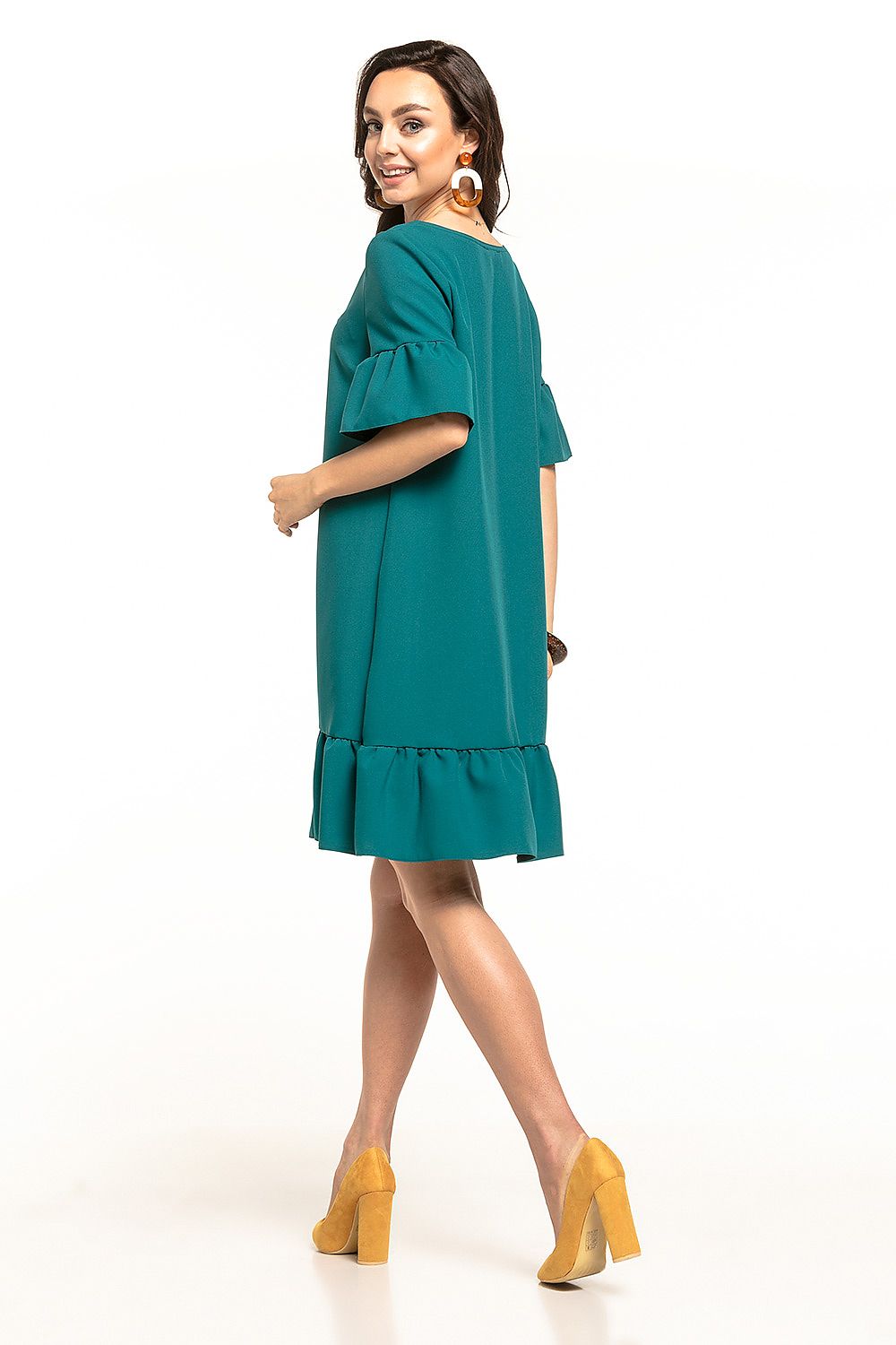 Stylish green summer mini dress showcasing a playful frill hem and flowing silhouette, brought to you by Tessita.