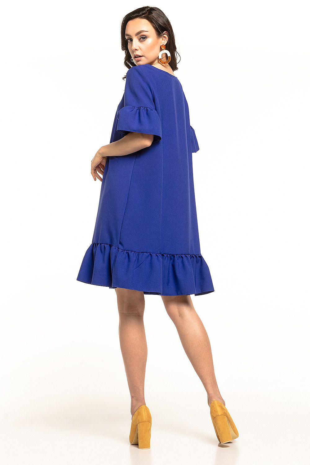 Fashion-forward blue mini dress accentuated with a frill hem and short sleeves, perfect for summer, crafted by Tessita.