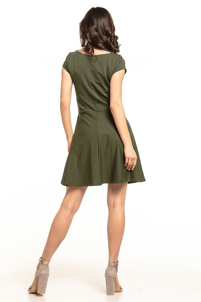 Back view of the Tessita olive green midi dress, highlighting its elegant flared bottom and fitted waistline.