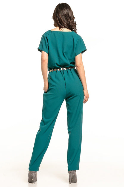 Back view of the luxurious Tessita green jumpsuit featuring a gathered waist and sleek silhouette, perfect for sophisticated style.